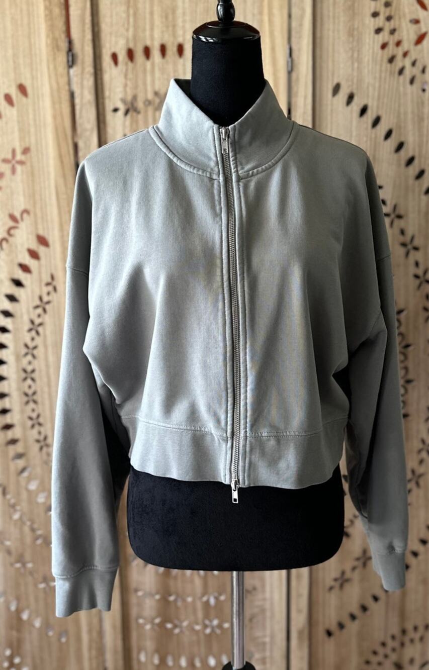 NSF Cropped Oversized Zip Front Sweatshirt Jacket in Sage Green Size M